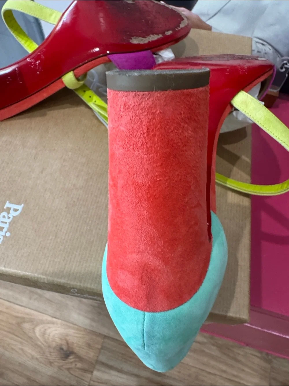 Christian Louboutin Multicolor Suede Block Heels - Pink, Green, Red, Yellow